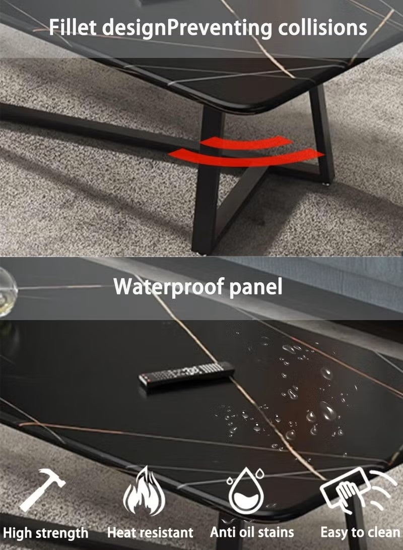 روعة طاولة قهوة طاولة قهوة مستوحاة من الفخامة طاولة قهوة مستطيلة أرجل بإطار فولاذي طاولة قهوة كبيرة أنيقة للمنزل وغرفة النوم وغرفة المعيشة والمكتب (سوداء) - Image 2